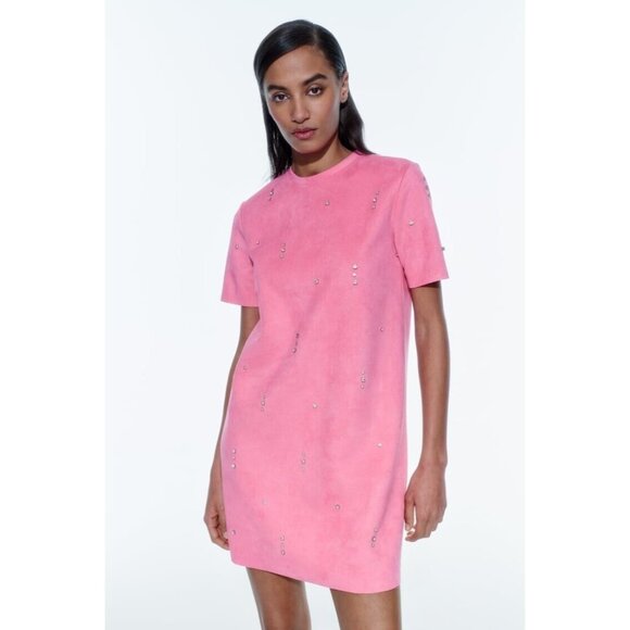 Zara Dress Pink Faux Suede Jewel Rhinestone Short Sleeve